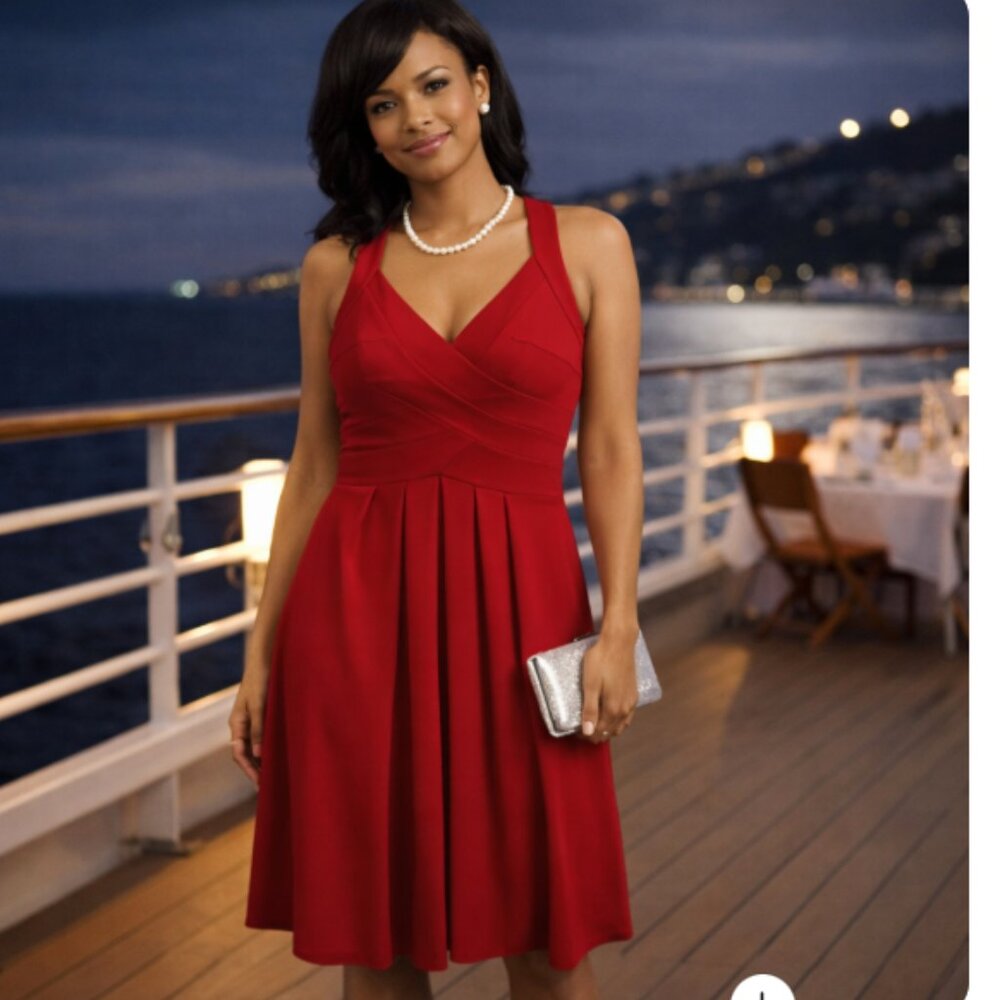 Muse Red Cocktail Dress Womens 8 V Neck Fit Flare Open Back Halter